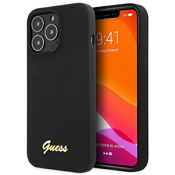 Dėklas Guess GUHCP13XLSLMGBK iPhone 13 Pro Max 6.7" juoda/juoda kietas dėklas Silikoninis Užrašas Auksinis Logotipas