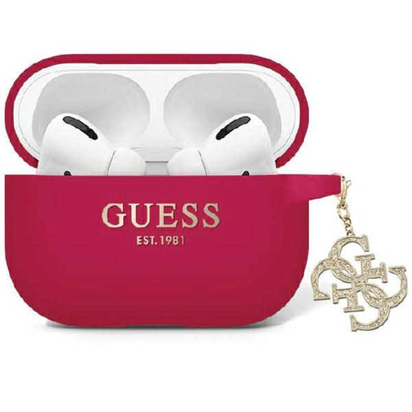 Guess GUAP2LECG4M dėklas AirPods Pro 2 ausinėms - violetinis/rausvas Liquid Silicone Blizgus Trikampio Pakabukas