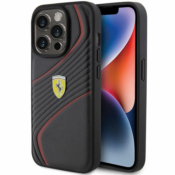 Ferrari Twist Metal Logo dėklas telefonui iPhone 15 Pro - juodas