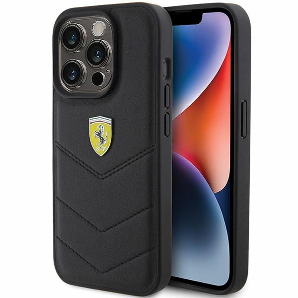 Ferrari dygsniuotas metalinis logotipo dėklas telefonui iPhone 15 Pro – juodas