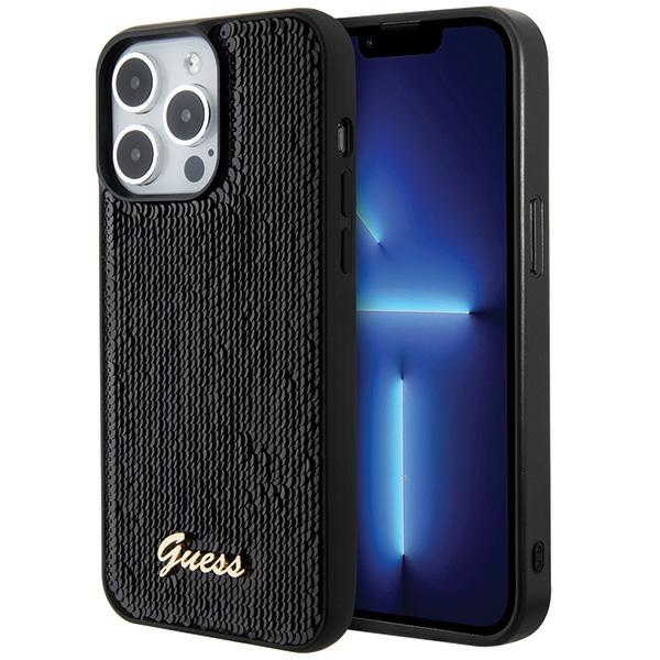 Guess Blizgučių Metalinis Užrašas dėklas telefonui iPhone 15 Pro - juodas