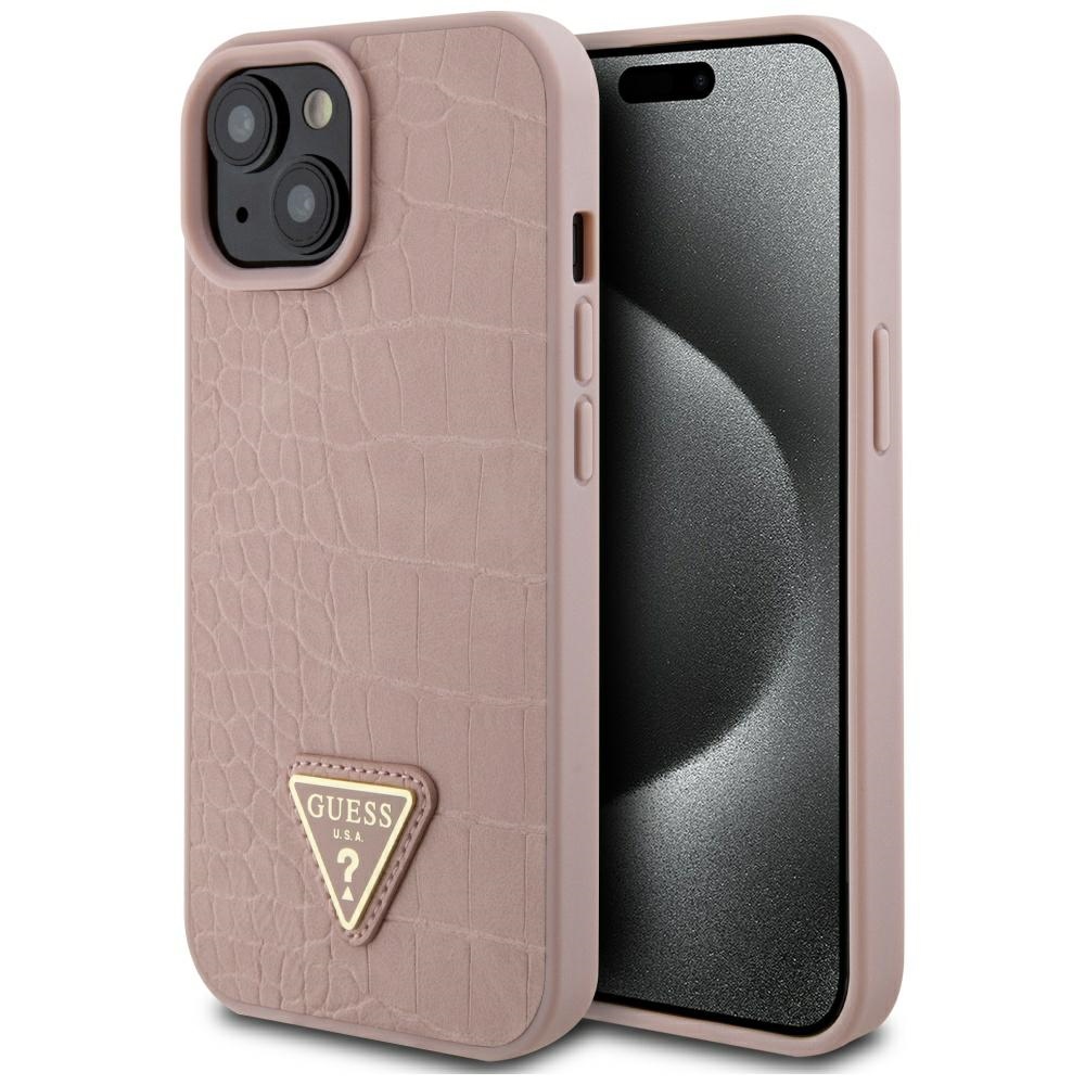 Guess GUHCP15SPCRTHCP iPhone 15 6.1" rožinis/rožinis kietas dėklas Croco Triangle Metal Logo