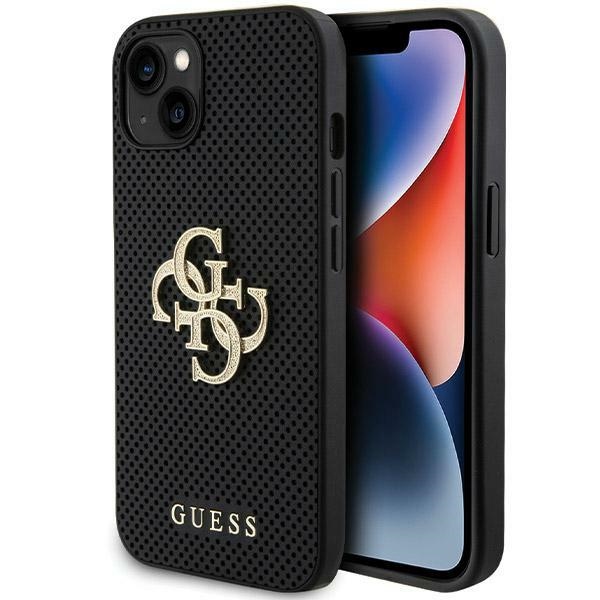 Guess Odinis perforuotas 4G Blizgantis logotipas dėklas iPhone 15 - juodas