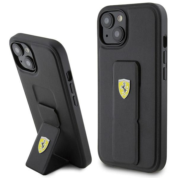 Ferrari Grip Stand Metal Logo dėklas iPhone 15 – juodas
