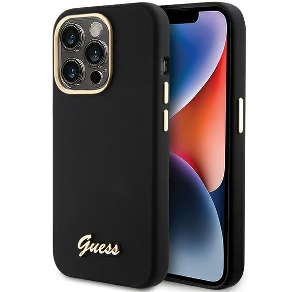 Guess Silicone Script Metal Logo & Frame dėklas telefonui iPhone 15 Pro - juodas