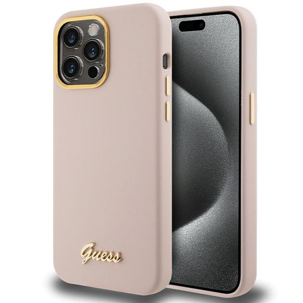 Guess Silicone Script Metal Logo & Frame dėklas telefonui iPhone 15 Pro - rožinis