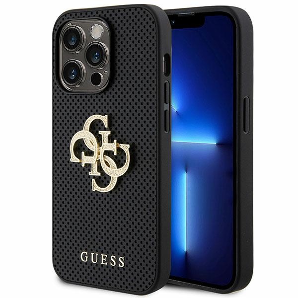 Guess odinis perforuotas dėklas telefonui su blizgančiu logotipu 4G iPhone 15 Pro Max - juodas