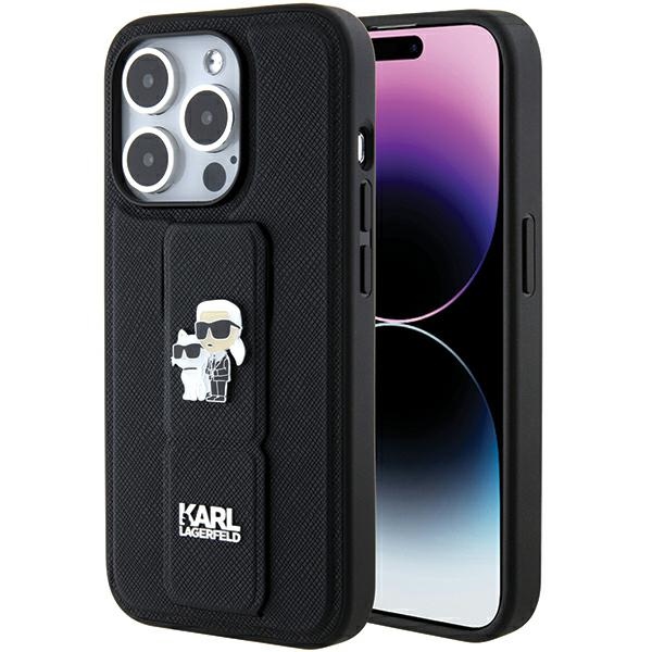 Karl Lagerfeld dėklas telefonui su stovu Gripstand Saffiano Karl&Choupette Pins iPhone 15 Pro - juodas