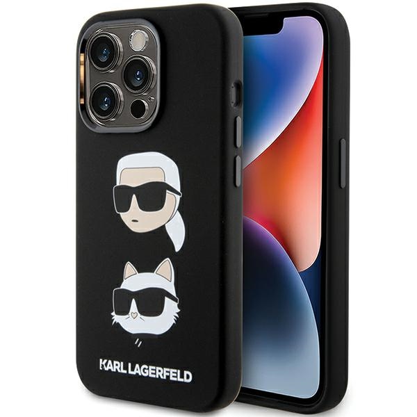 Karl Lagerfeld silikoninis dėklas telefonui su Karl&Choupette galva iPhone 15 Pro - juodas