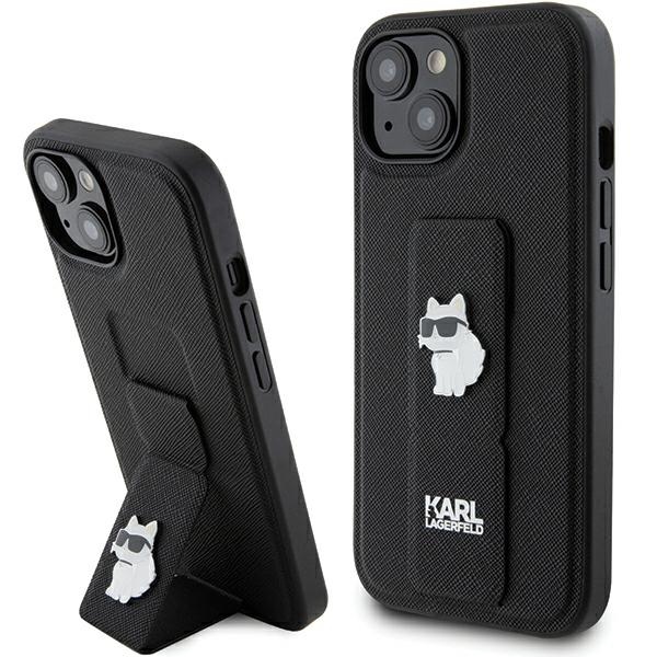 Karl Lagerfeld Gripstand Saffiano Choupette Pins dėklas telefonui iPhone 15 Plus / 14 Plus - juodas