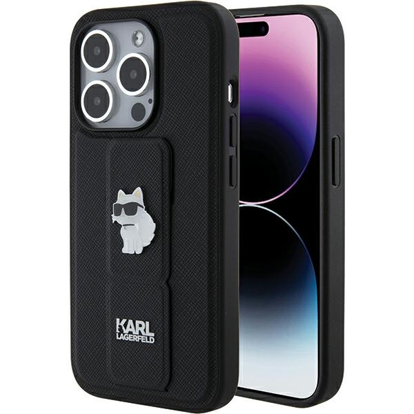Karl Lagerfeld Gripstand Saffiano Choupette Pins dėklas telefonui iPhone 15 Pro Max - juodas