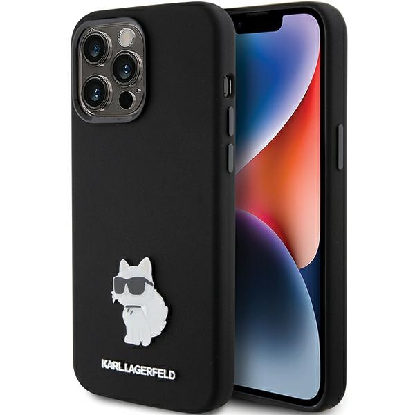 Karl Lagerfeld silikoninis Choupette Metal Pin dėklas telefonui iPhone 15 Pro Max - juodas