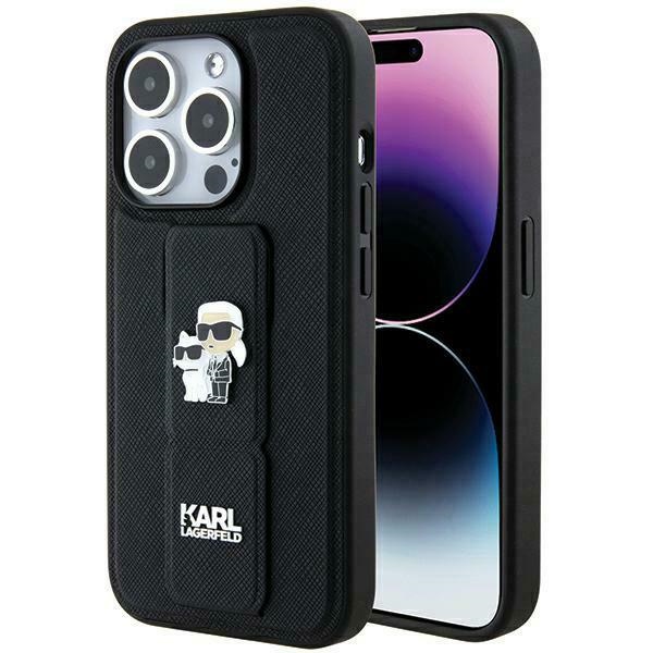 Karl Lagerfeld Gripstand Saffiano Karl&Choupette Pins dėklas telefonui iPhone 13 Pro / 13 - juodas
