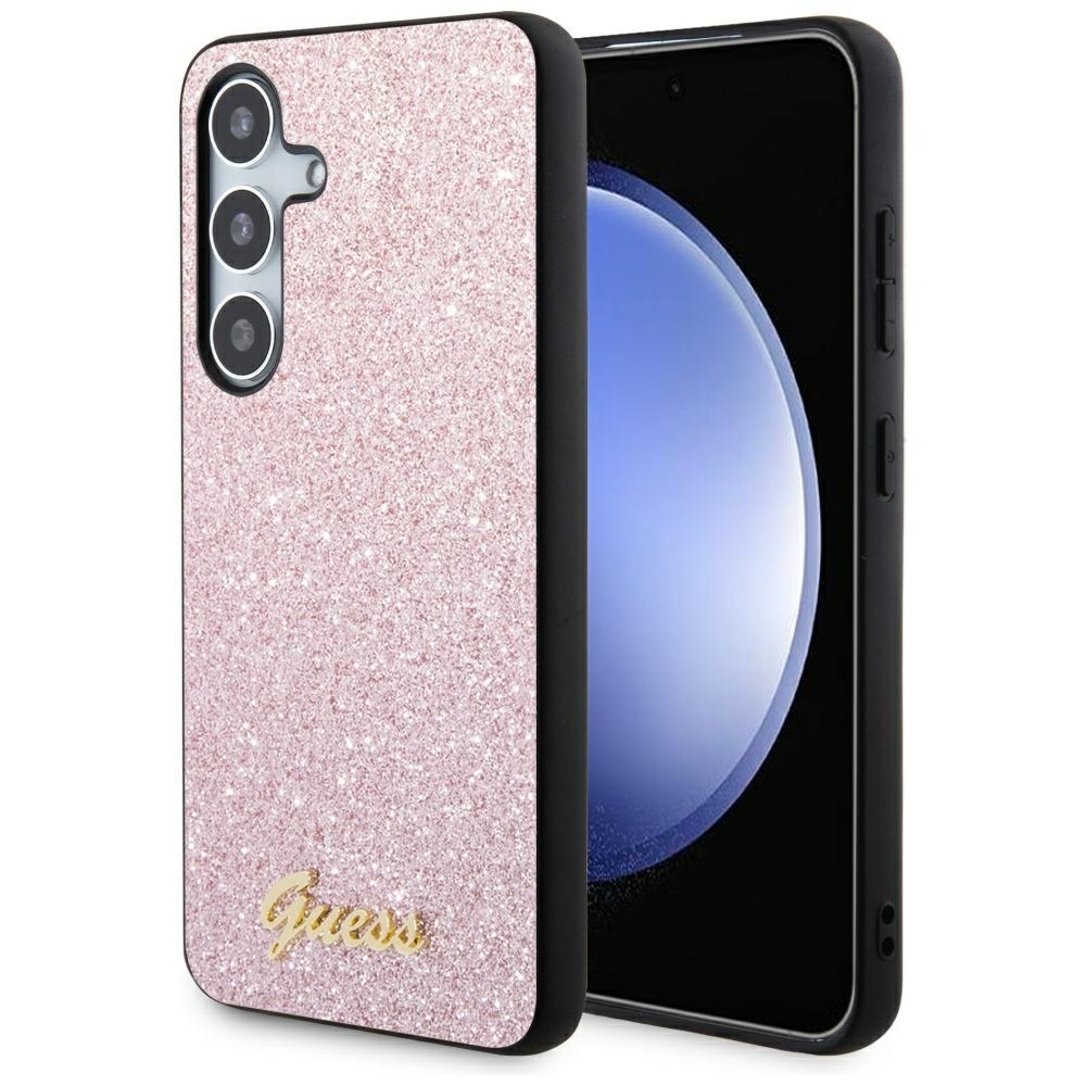Guess Glitter Script dėklas telefonui Samsung Galaxy S24 - rožinė