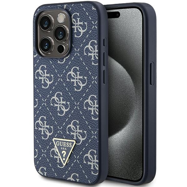 Guess 4G Triangle Metal Logo dėklas telefonui iPhone 15 Pro - mėlynas