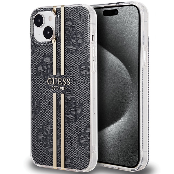 Guess IML 4G Gold Stripe dėklas telefonui iPhone 15 Plus / 14 Plus - juodas