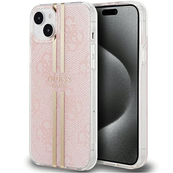 Guess IML 4G Gold Stripe dėklas telefonui iPhone 15 Plus / 14 Plus - rožinis