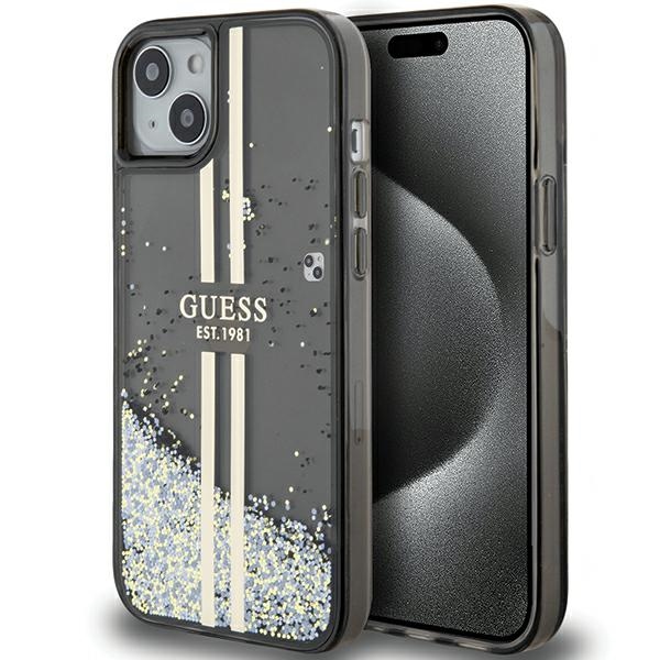 Guess Liquid Glitter Gold Stripes dėklas telefonui iPhone 15 / 14 / 13 - juodas