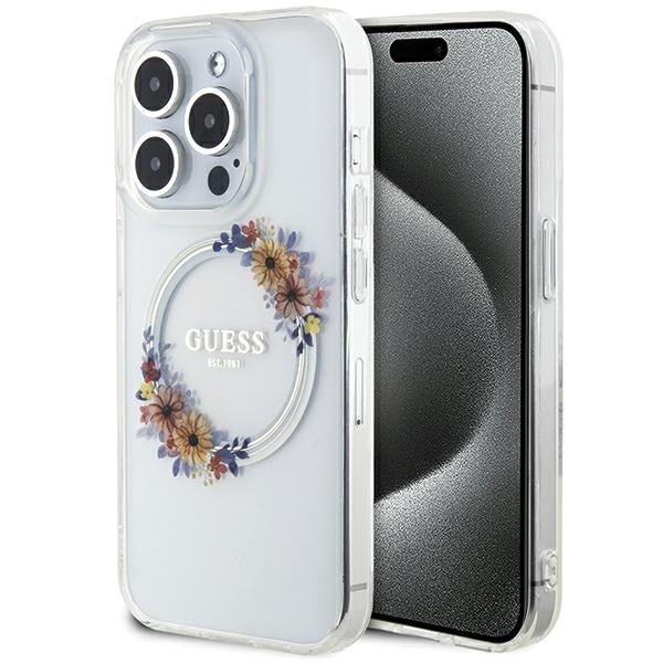 Guess IML Flowers Wreatch MagSafe dėklas telefonui iPhone 15 Pro Max - skaidrus