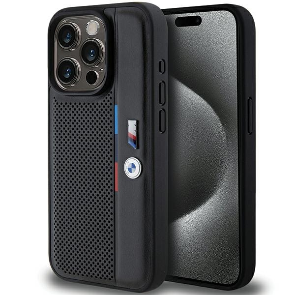 BMW perforuotas trispalvės linijos dėklas telefonui iPhone 15 Pro - juodas