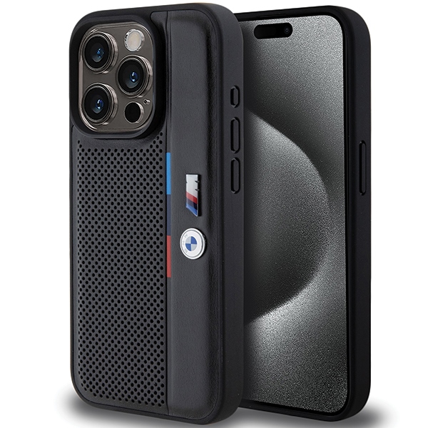 BMW perforuotas trispalvės linijos dėklas telefonui iPhone 15 Pro Max - juodas