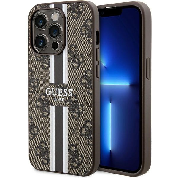 Guess 4G Printed Stripes MagSafe dėklas telefonui iPhone 15 Pro - rudas