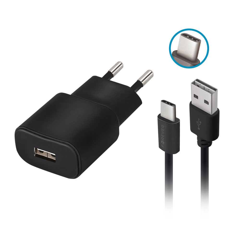 Forever TC-01 įkroviklis 1x USB 2A juodas + USB-C kabelis