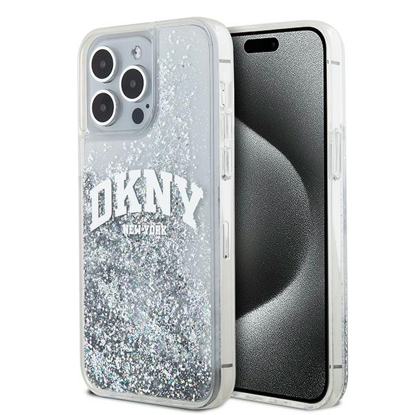 DKNY skystojo blizgučio didelio logotipo dėklas telefonui iPhone 15 Pro - baltas
