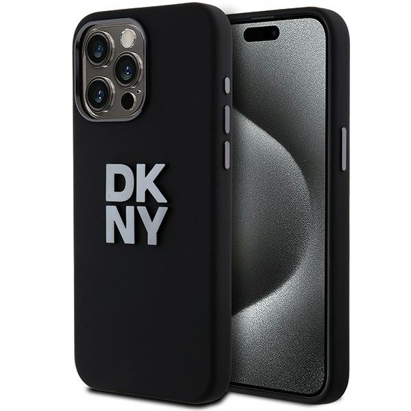 DKNY skystojo silikono metalinio logotipo dėklas telefonui iPhone 15 Pro - juodas