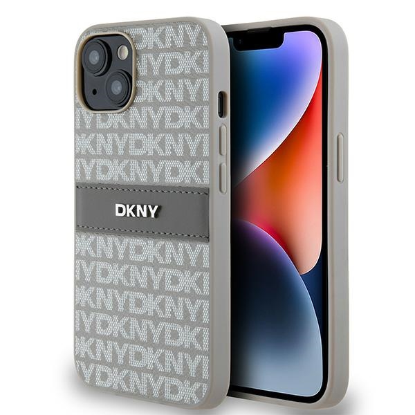 DKNY odinis mono juostelės ir metalinis logotipas dėklas iPhone 15/14/13 - smėlio spalvos