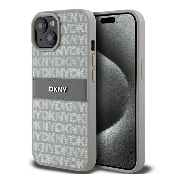 DKNY Odinis mono juosta ir metalinis logotipas dėklas telefonui iPhone 15 Plus / 14 Plus - smėlio