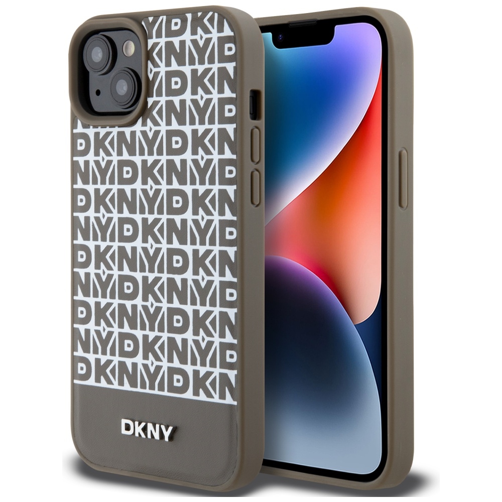 DKNY Odinis spausdintas raštas metalinis logotipas Magnetinis dėklas iPhone 15 / 14 / 13 - ruda