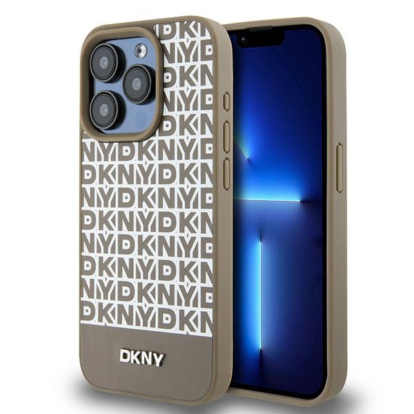 DKNY Odinis spausdintas rašto metalinis logotipas Magnetinis dėklas telefonui iPhone 15 Pro Max - rudas
