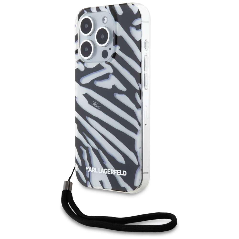 Karl Lagerfeld IML Zebra Pattern & Cord dėklas telefonui iPhone 15 Pro - juodas