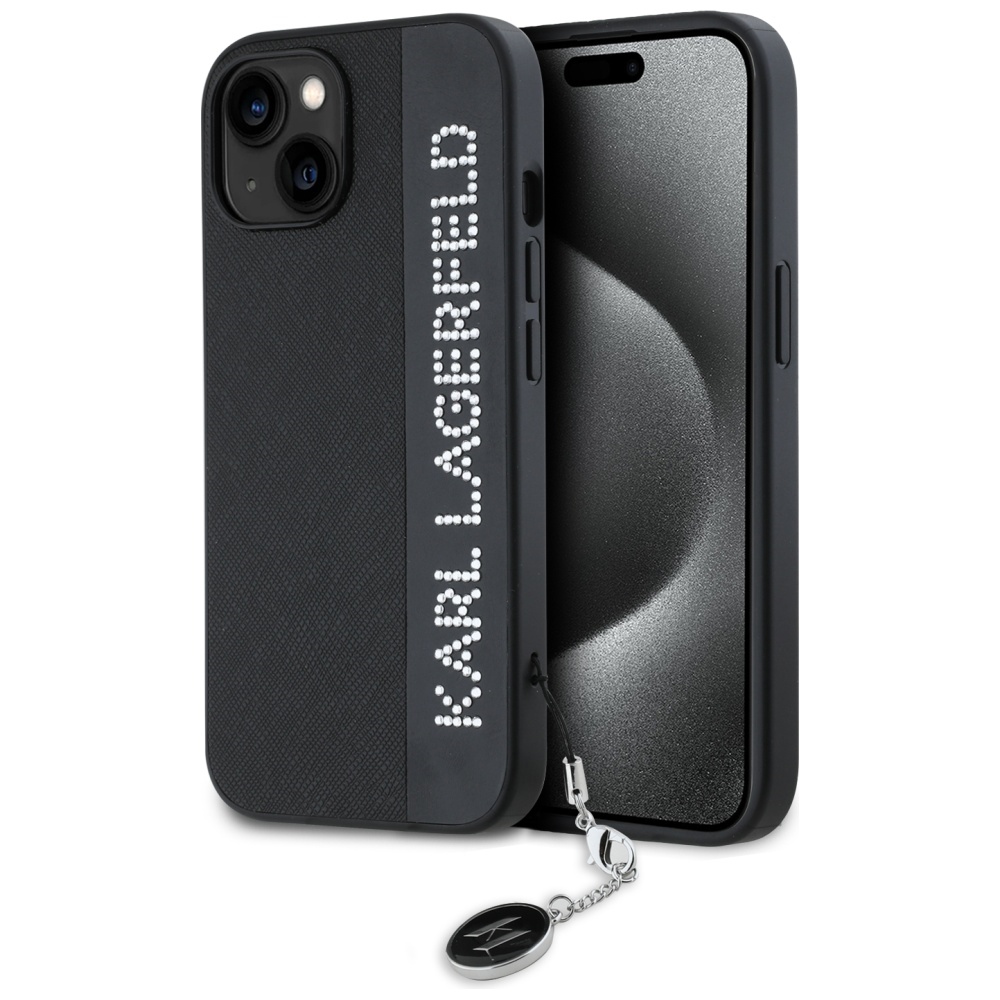 Karl Lagerfeld Saffiano Rhinestones & Charm dėklas telefonui iPhone 15 / 14 / 13 - juodas