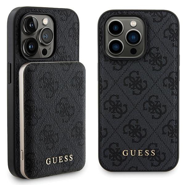 Guess 4G Metal Logo dėklas telefonui rinkinys iPhone 14 Pro + 5000mAh Magnetinė išorinė baterija - juoda