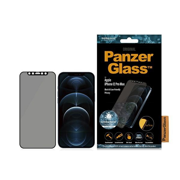 PanzerGlass E2E Super+ Microfracture antibakterinis grūdintas stiklas iPhone 12 Pro Max – su juodu rėmeliu