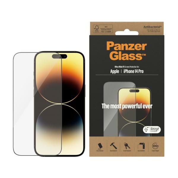 PanzerGlass Ultra-Wide Fit antibakterinis grūdintas stiklas iPhone 14 Pro telefonui