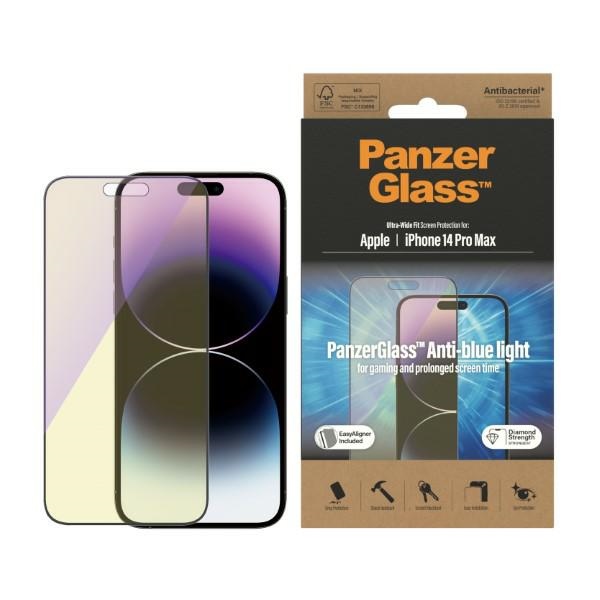 PanzerGlass Ultra-Wide Fit antibakterinis grūdintas stiklas su mėlynos šviesos filtru ir pozicionieriumi iPhone 14 Pro Max telefonui