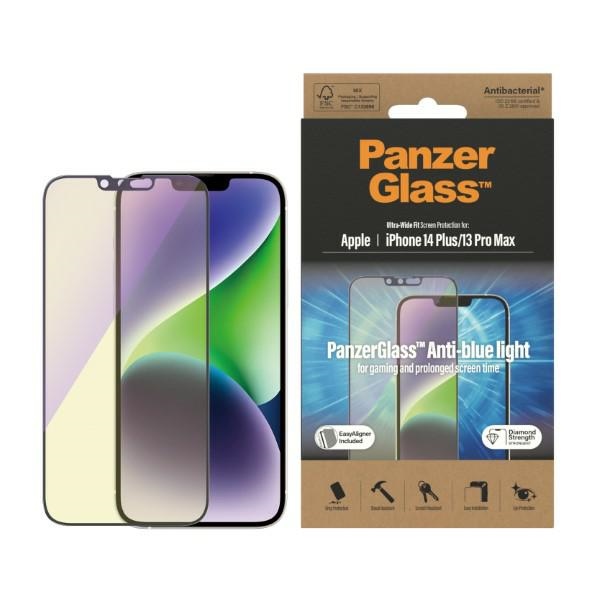 PanzerGlass itin platus antibakterinis apsauginis stiklas su mėlynos šviesos filtru ir pozicionieriumi iPhone 14 Plus / 13 Pro Max