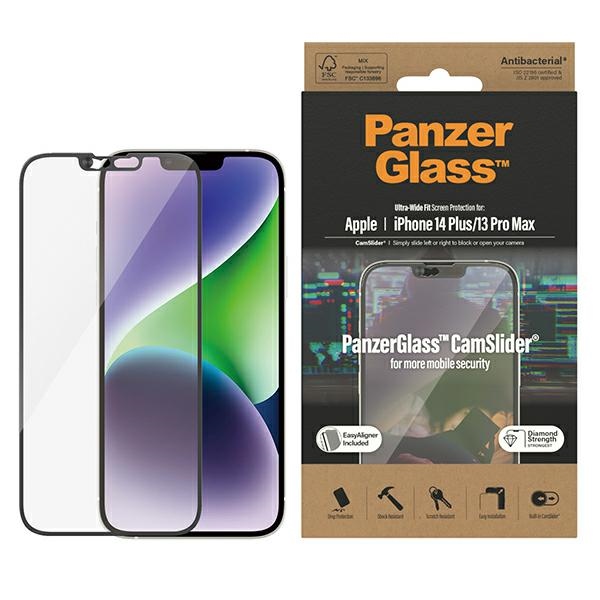 PanzerGlass itin platus antibakterinis apsauginis stiklas su kameros dangteliu ir pozicionieriumi iPhone 14 Plus / 13 Pro Max