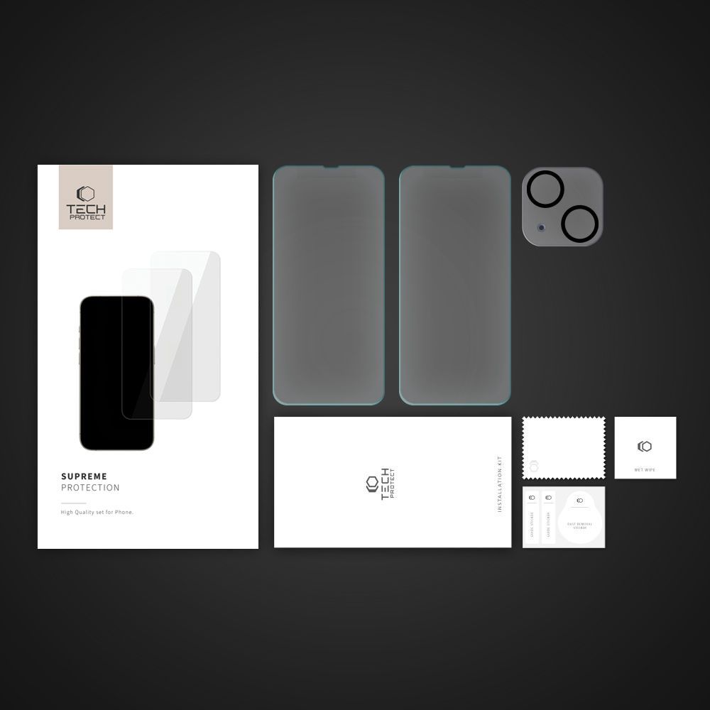 Tech-Protect Supreme rinkinys iPhone 14 2x grūdintas stiklas ekranui / grūdintas stiklas kamerai