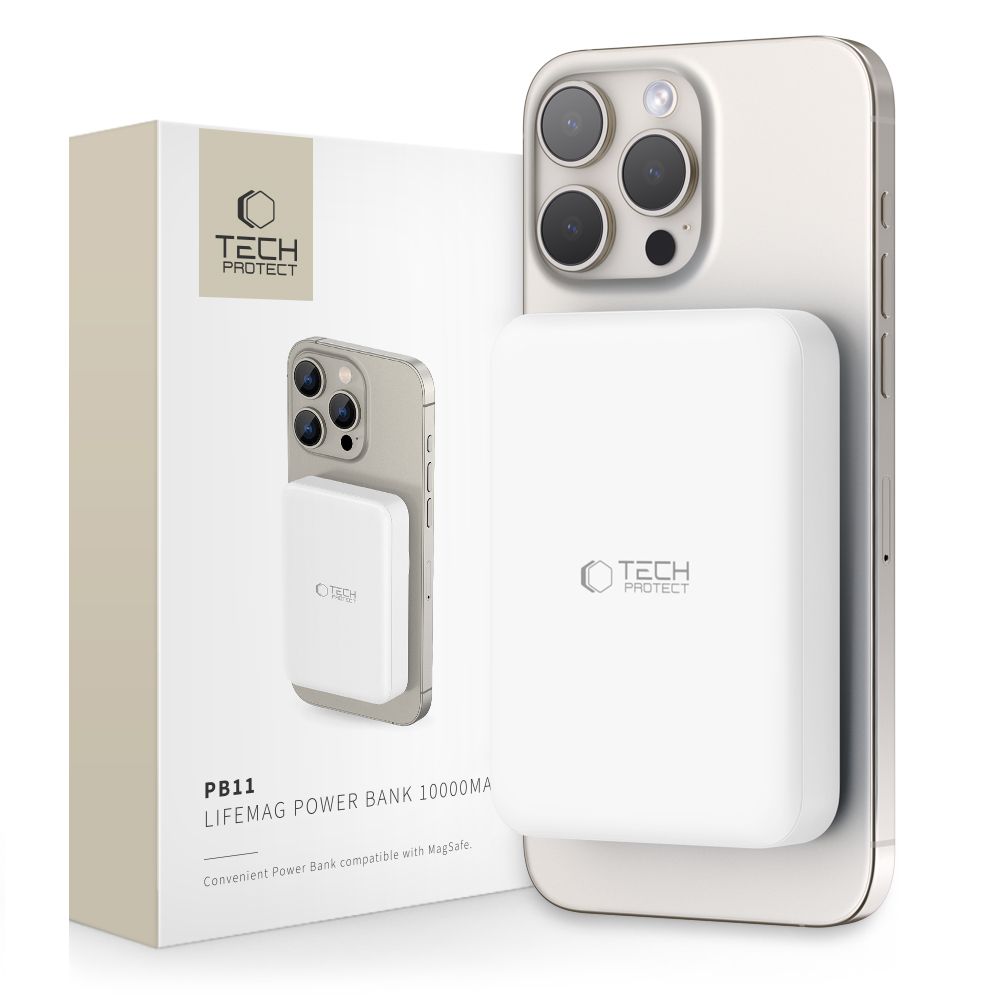 Tech-Protect LifeMag PB11 išorinė baterija su MagSafe 10000mAh 15W USB-C jungtimi - balta + USB-C kabelis