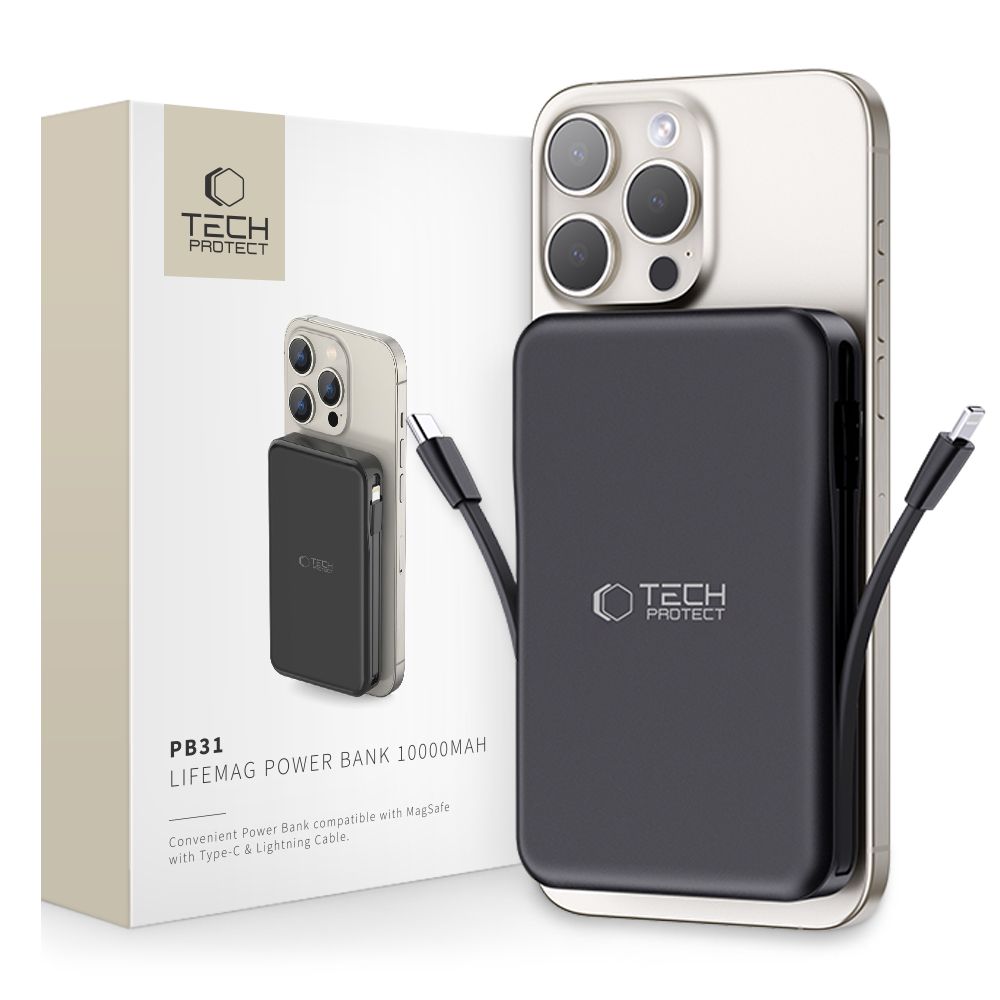 Tech-Protect LifeMag PB31 išorinė baterija su MagSafe 10000mAh 15W USB-C / USB-A / įmontuotu USB-C / Lightning kabeliais - juoda