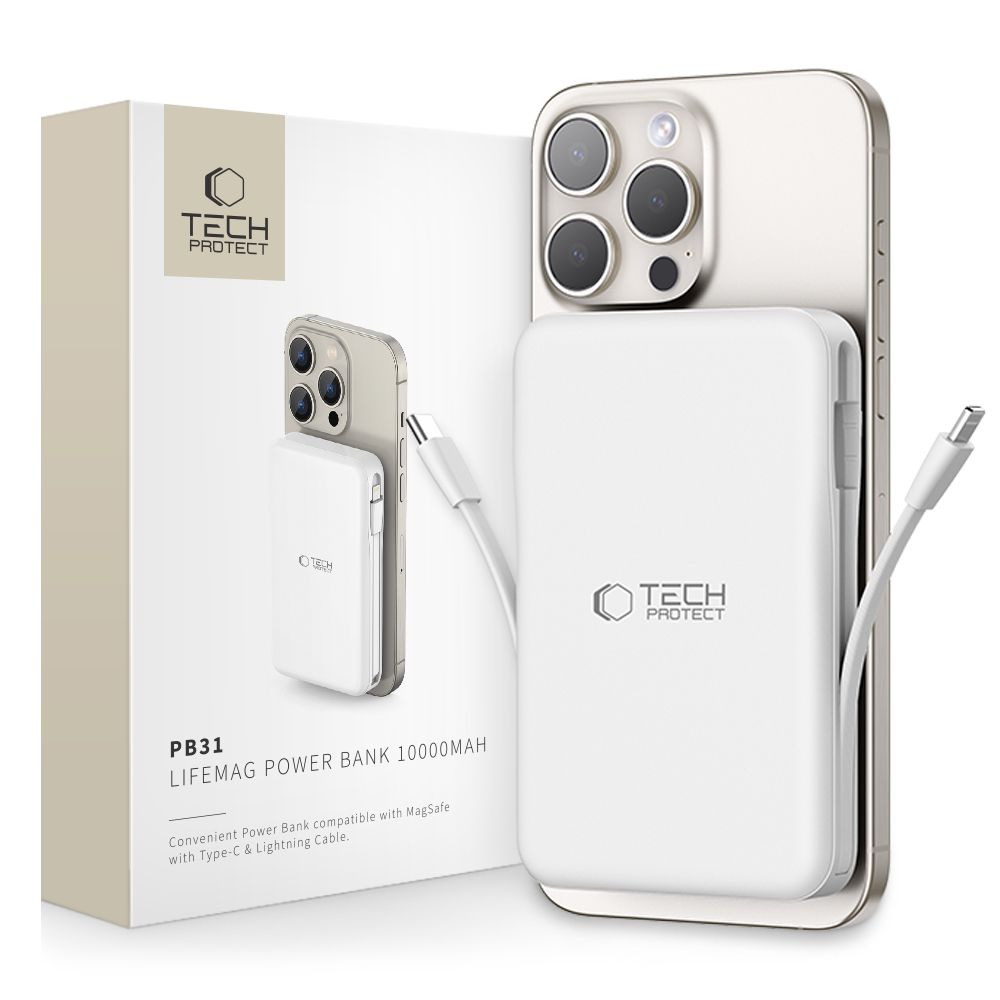 Tech-Protect LifeMag PB31 išorinė baterija su MagSafe 10000mAh 15W USB-C / USB-A / įmontuotu USB-C / Lightning kabeliais - balta