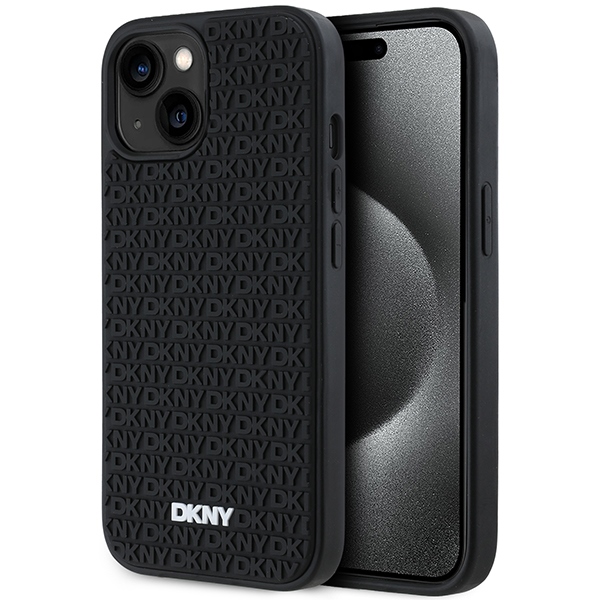 DKNY 3D Guminis dėklas su pasikartojančiu raštu iPhone 15 Plus - juodas