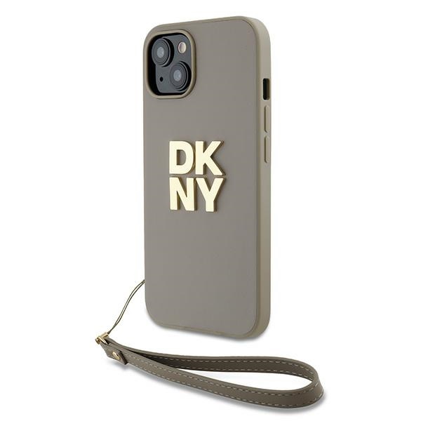 DKNY Dėklas telefonui su dirželiu ir logotipu iPhone 15 Plus - smėlio spalvos