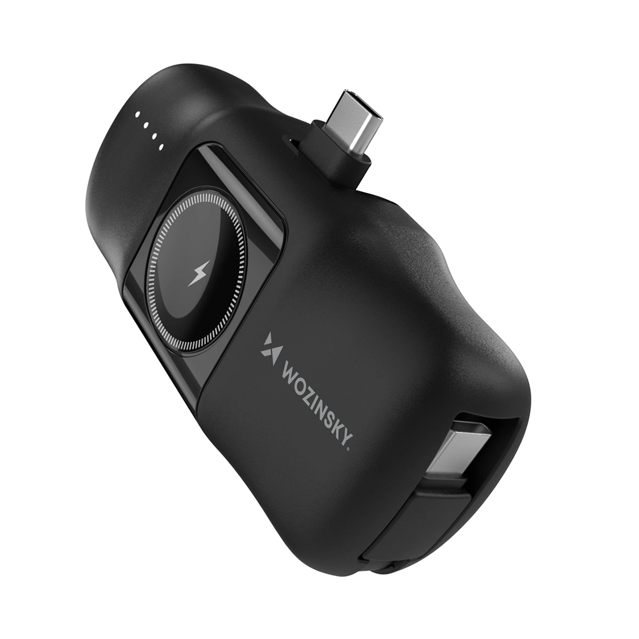 Wozinsky WF16-YCS 5000mAh 15W USB-C mini išorinė baterija su įmontuotu USB-C kabeliu ir Apple Watch įkrovikliu - juoda