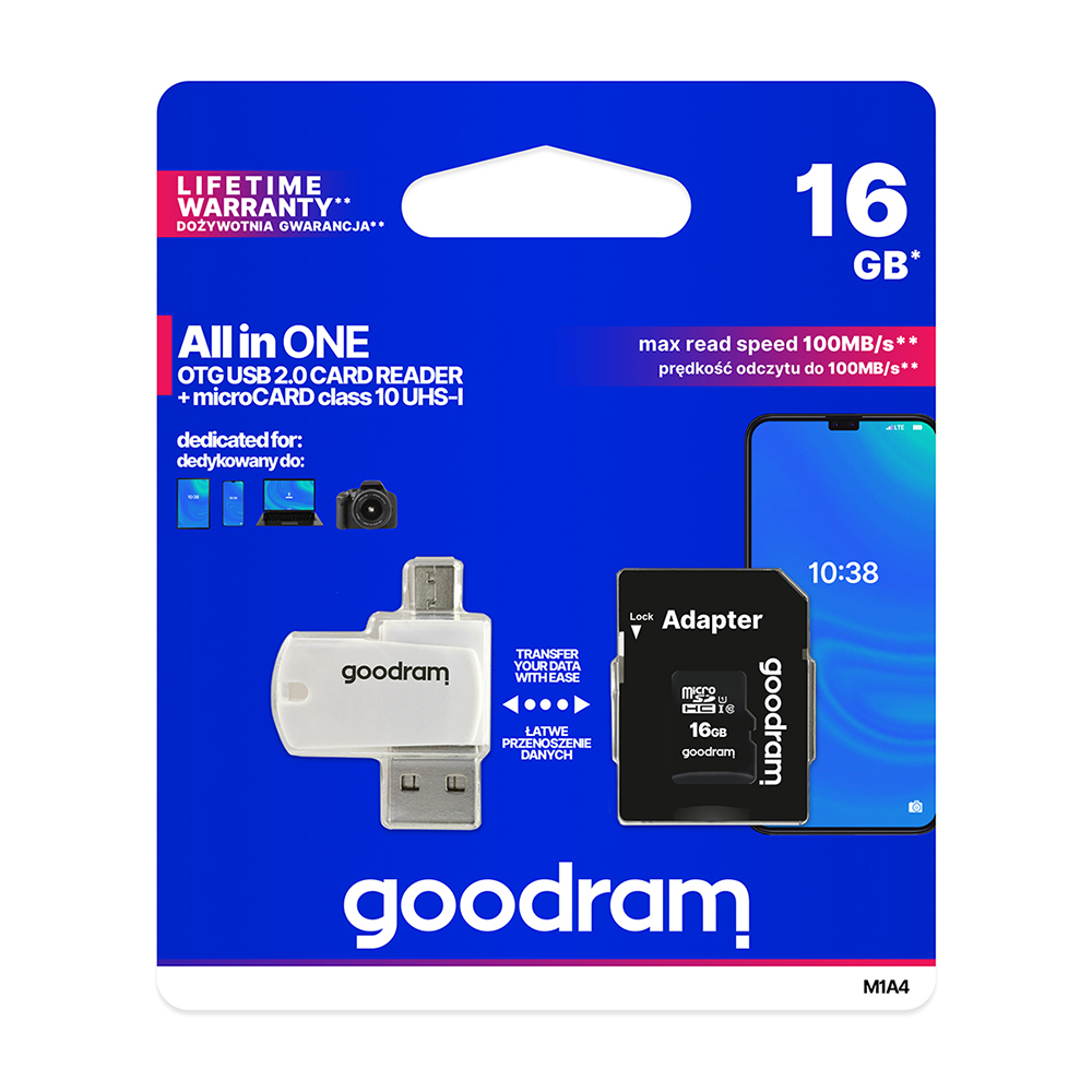 GoodRam atminties kortelė 16GB microSDHC cl. 10 UHS-I + adapteris + kortelių skaitytuvas