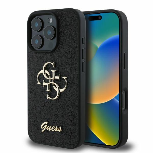 Guess Fiksuotas spīdīgs 4G dėklas telefonui iPhone 16 Pro Max (m) - juodas